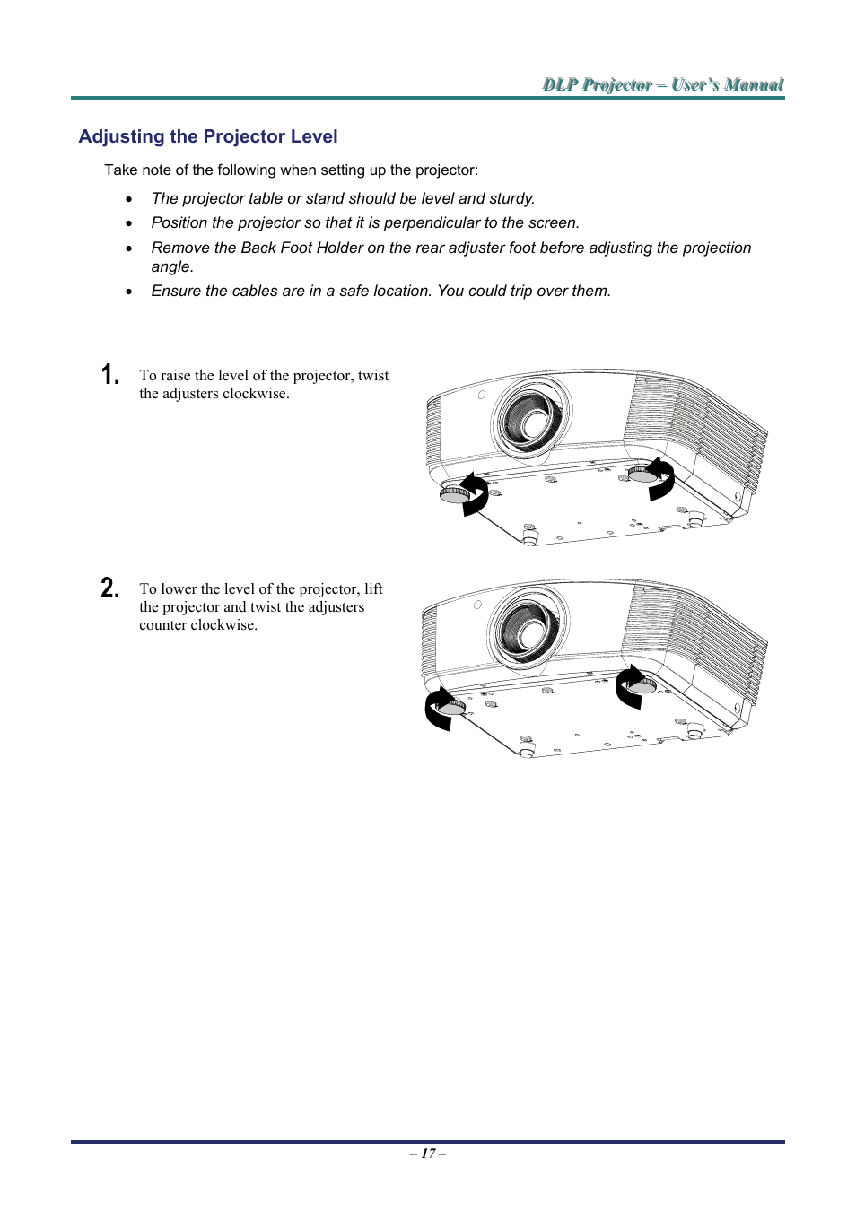 Adjusting the projector level, Djusting the, Rojector | Evel | Staub Electronics H5085 VIVITEK - 1080P HOME THEATRE PROJECTOR (1800 LUMENS) User Manual | Page 23 / 56