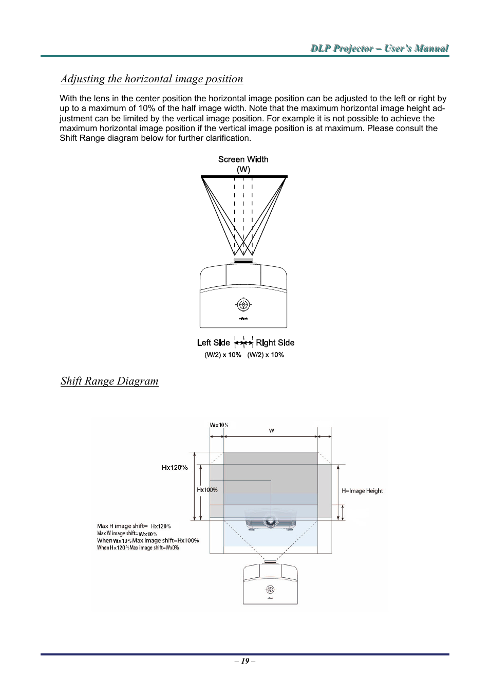 Adjusting the horizontal image position, Pureshift range diagram, Shift range diagram | Staub Electronics H5085 VIVITEK - 1080P HOME THEATRE PROJECTOR (1800 LUMENS) User Manual | Page 25 / 56