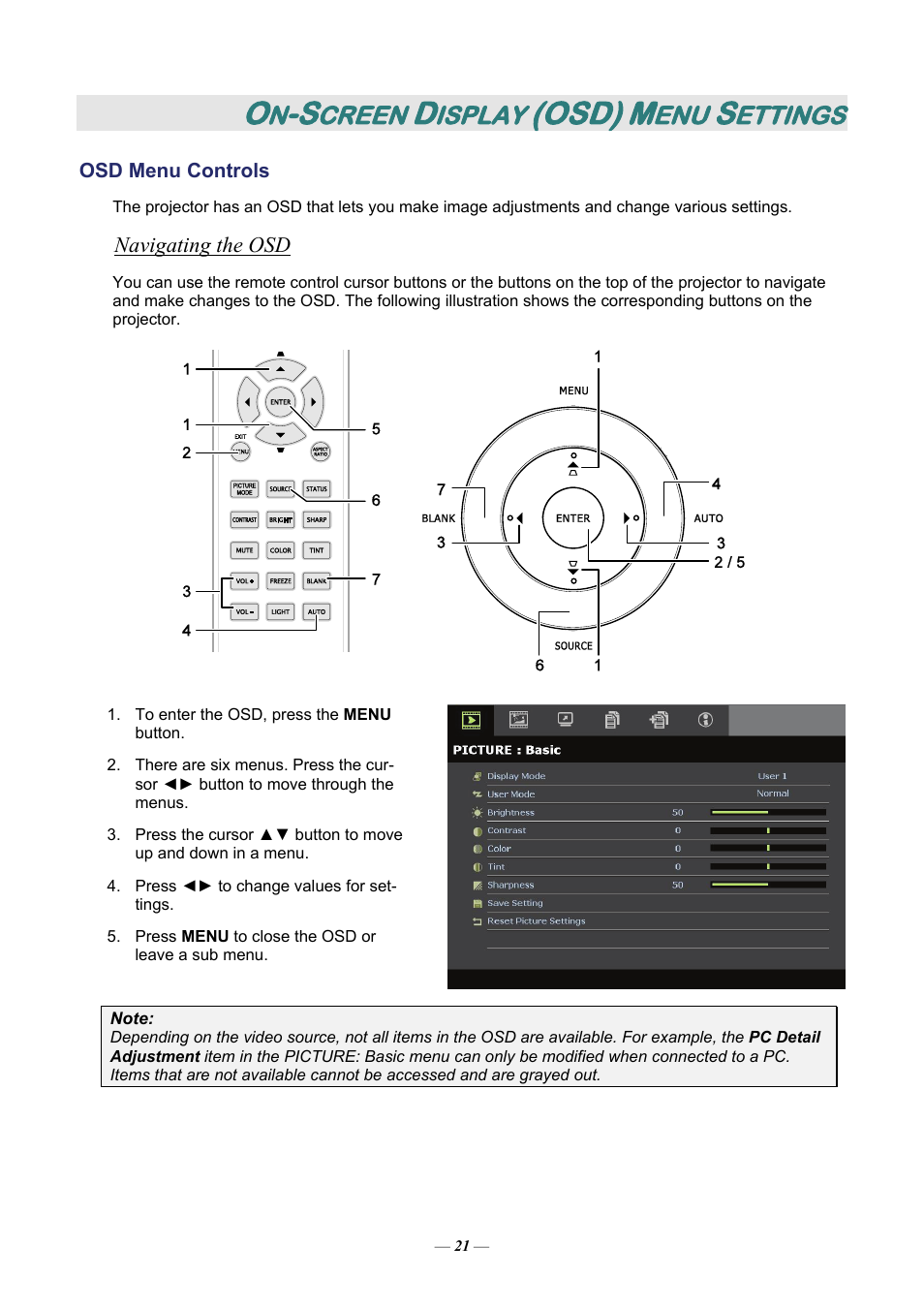 On-screen display (osd) menu settings, Osd menu controls, Navigating the osd | Ontrols, Osd), Creen, Isplay, Ettings | Staub Electronics H5085 VIVITEK - 1080P HOME THEATRE PROJECTOR (1800 LUMENS) User Manual | Page 27 / 56