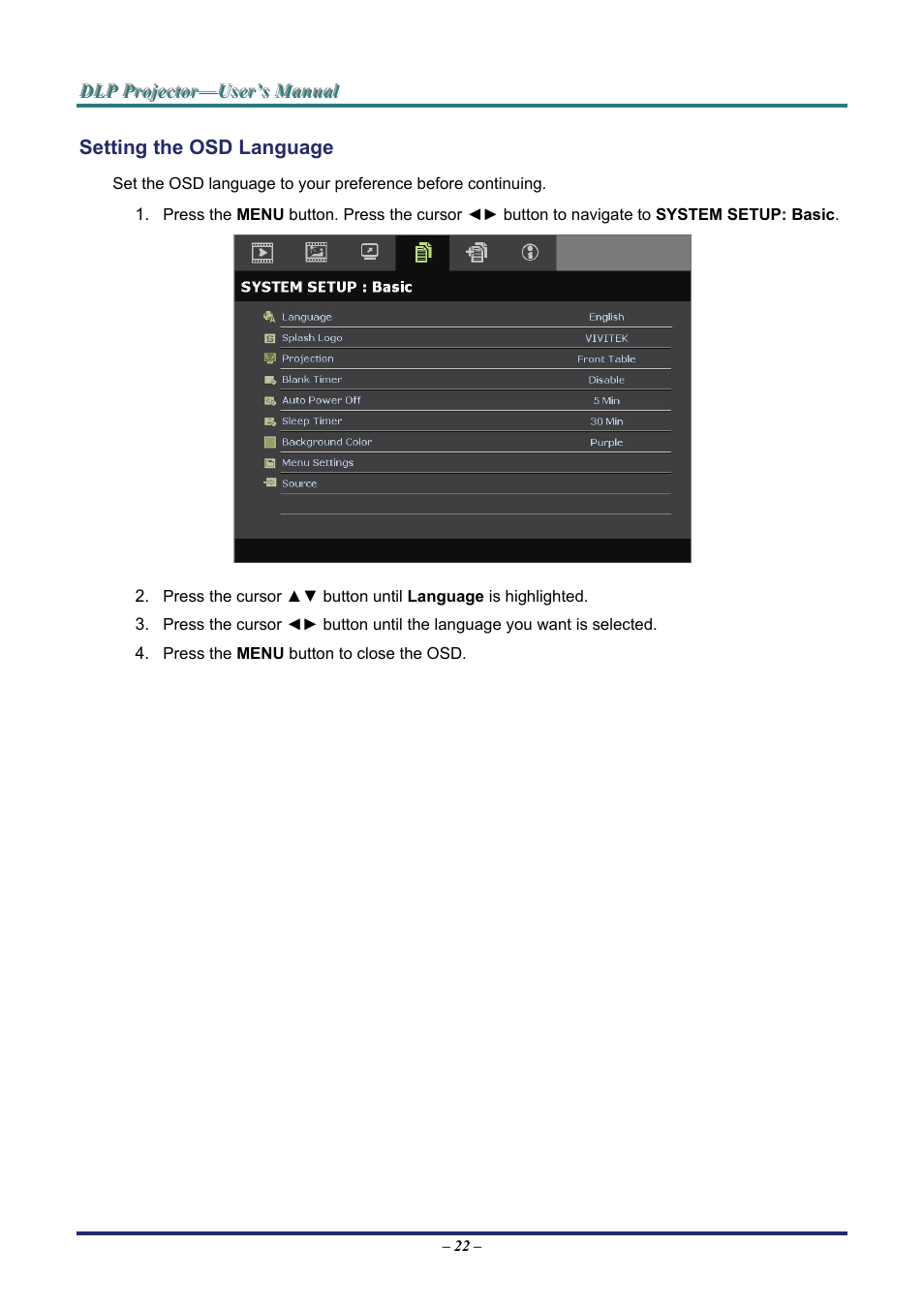 Setting the osd language, Etting the, Anguage | Staub Electronics H5085 VIVITEK - 1080P HOME THEATRE PROJECTOR (1800 LUMENS) User Manual | Page 28 / 56