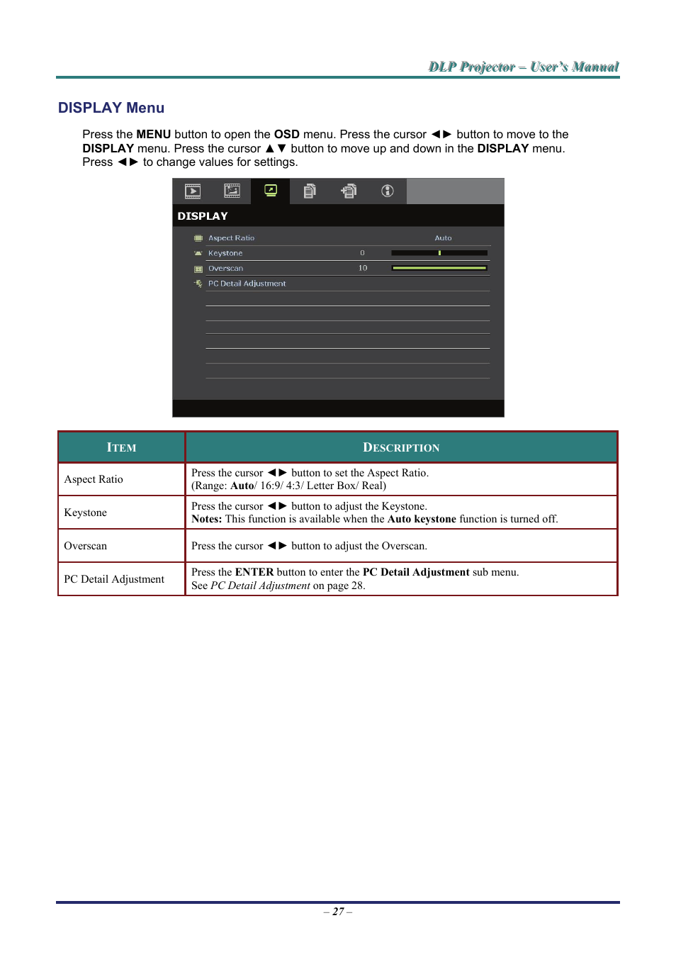 Display menu, Display | Staub Electronics H5085 VIVITEK - 1080P HOME THEATRE PROJECTOR (1800 LUMENS) User Manual | Page 33 / 56