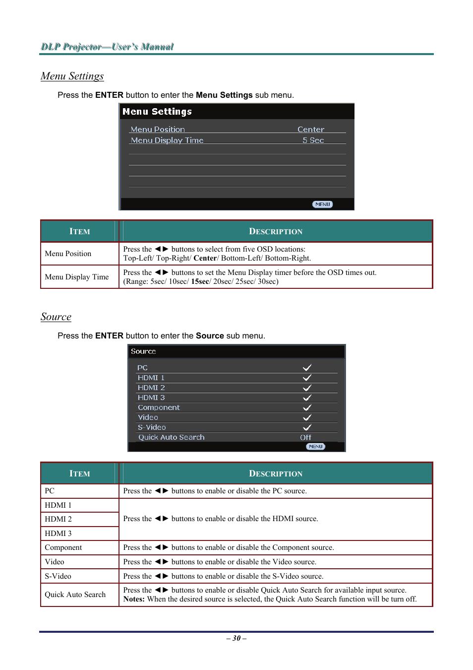 Menu settings, Source | Staub Electronics H5085 VIVITEK - 1080P HOME THEATRE PROJECTOR (1800 LUMENS) User Manual | Page 36 / 56