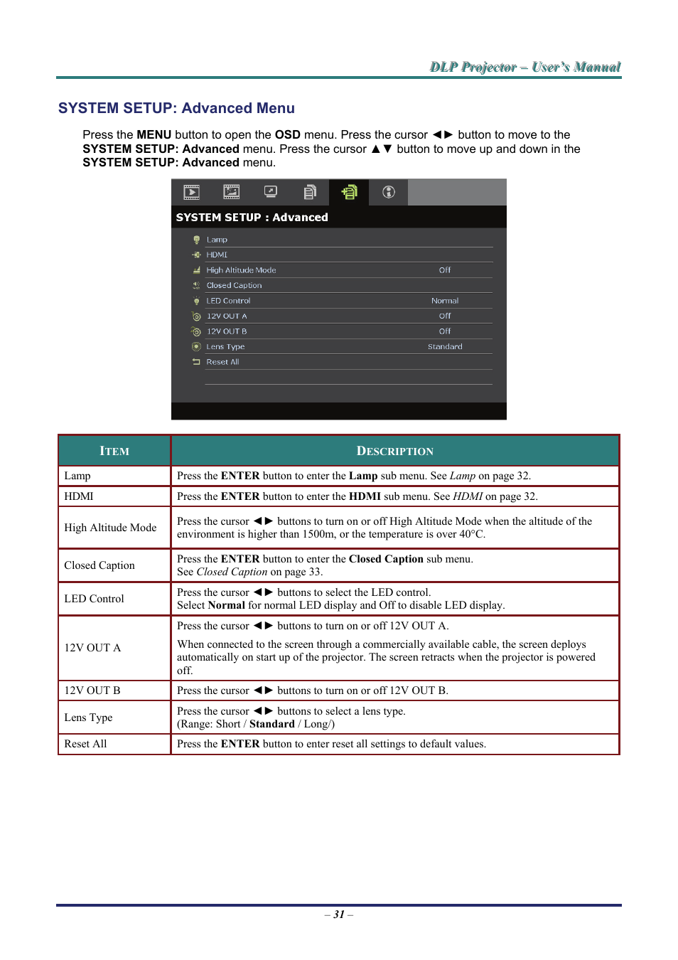 System setup: advanced menu, System, Setup | Dvanced | Staub Electronics H5085 VIVITEK - 1080P HOME THEATRE PROJECTOR (1800 LUMENS) User Manual | Page 37 / 56