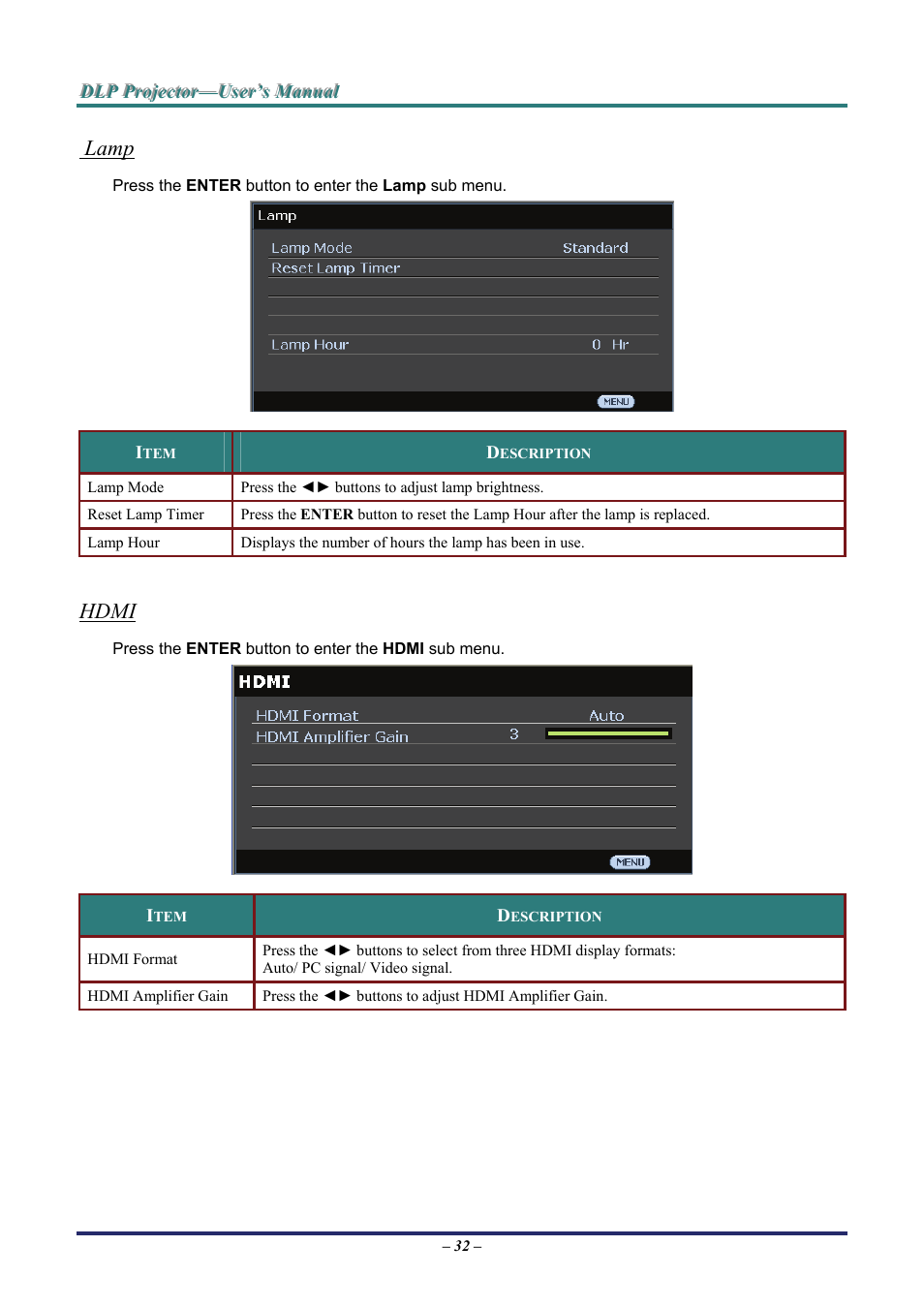 Lamp, Hdmi, Ge 32 | Staub Electronics H5085 VIVITEK - 1080P HOME THEATRE PROJECTOR (1800 LUMENS) User Manual | Page 38 / 56