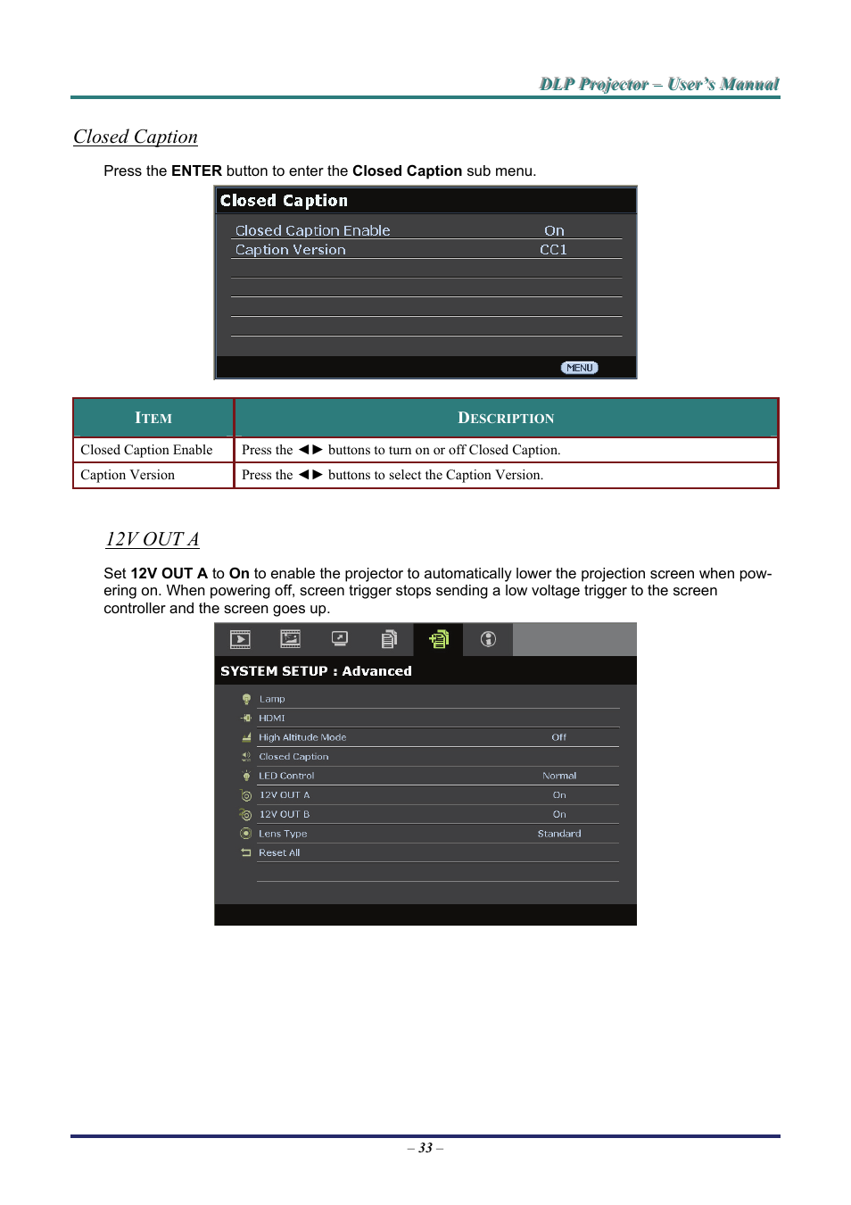 Closed caption, 12v out a | Staub Electronics H5085 VIVITEK - 1080P HOME THEATRE PROJECTOR (1800 LUMENS) User Manual | Page 39 / 56