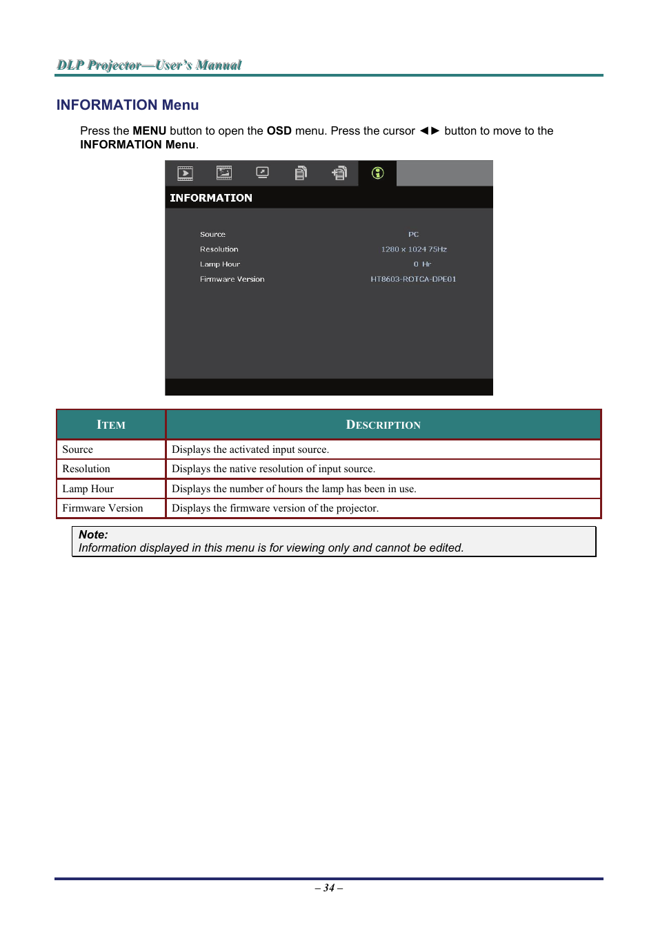 Information menu, Information | Staub Electronics H5085 VIVITEK - 1080P HOME THEATRE PROJECTOR (1800 LUMENS) User Manual | Page 40 / 56