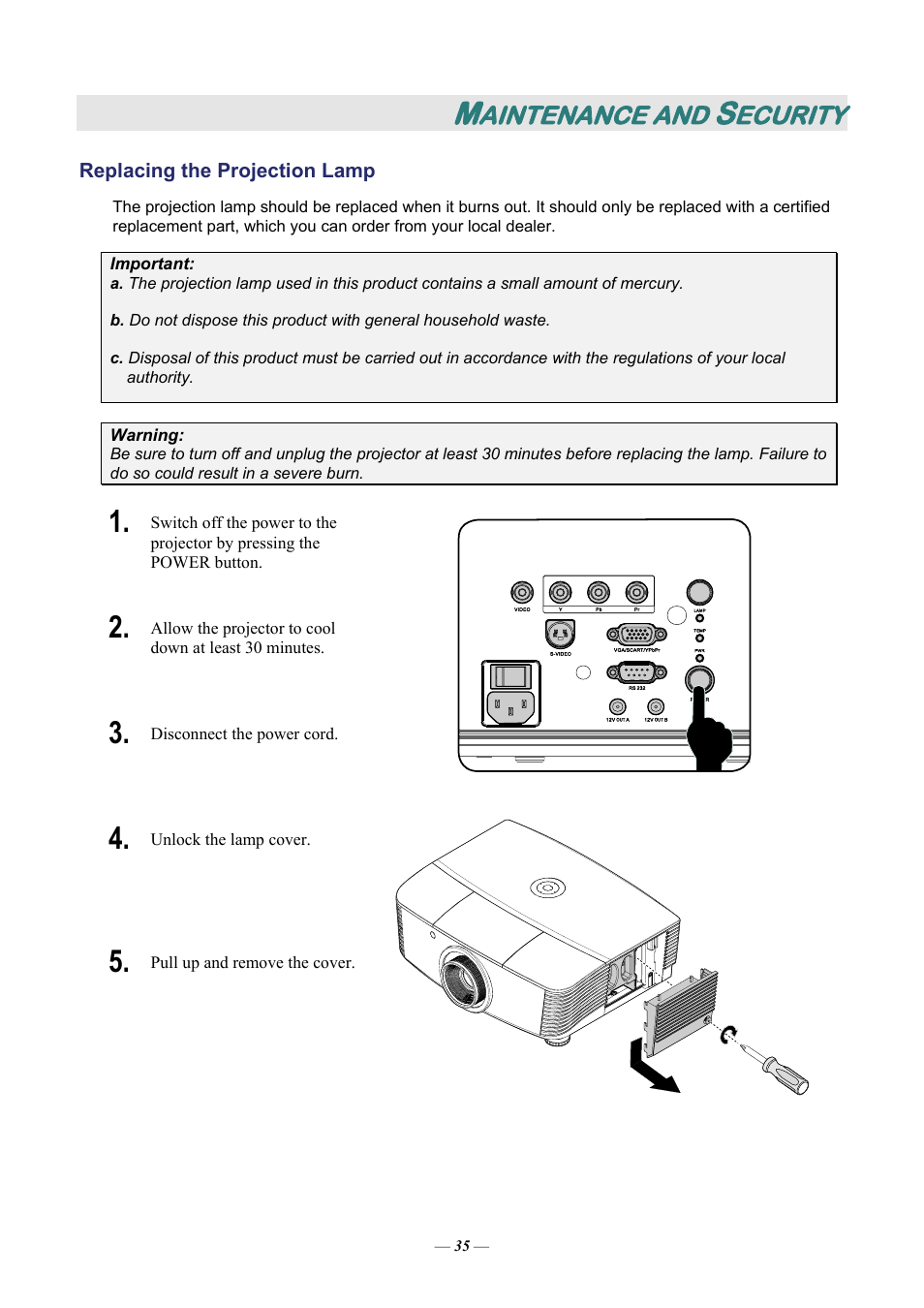 Maintenance and security, Replacing the projection lamp, Eplacing the | Rojection, Aintenance and, Ecurity | Staub Electronics H5085 VIVITEK - 1080P HOME THEATRE PROJECTOR (1800 LUMENS) User Manual | Page 41 / 56