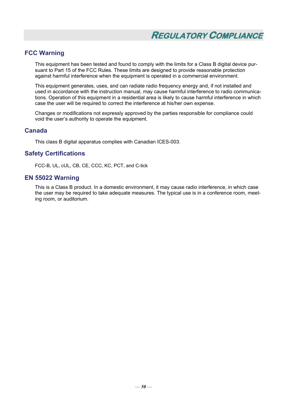 Regulatory compliance, Fcc warning, Canada | Safety certifications, En 55022 warning, Arning, Anada, Afety, Ertifications, Egulatory | Staub Electronics H5085 VIVITEK - 1080P HOME THEATRE PROJECTOR (1800 LUMENS) User Manual | Page 56 / 56