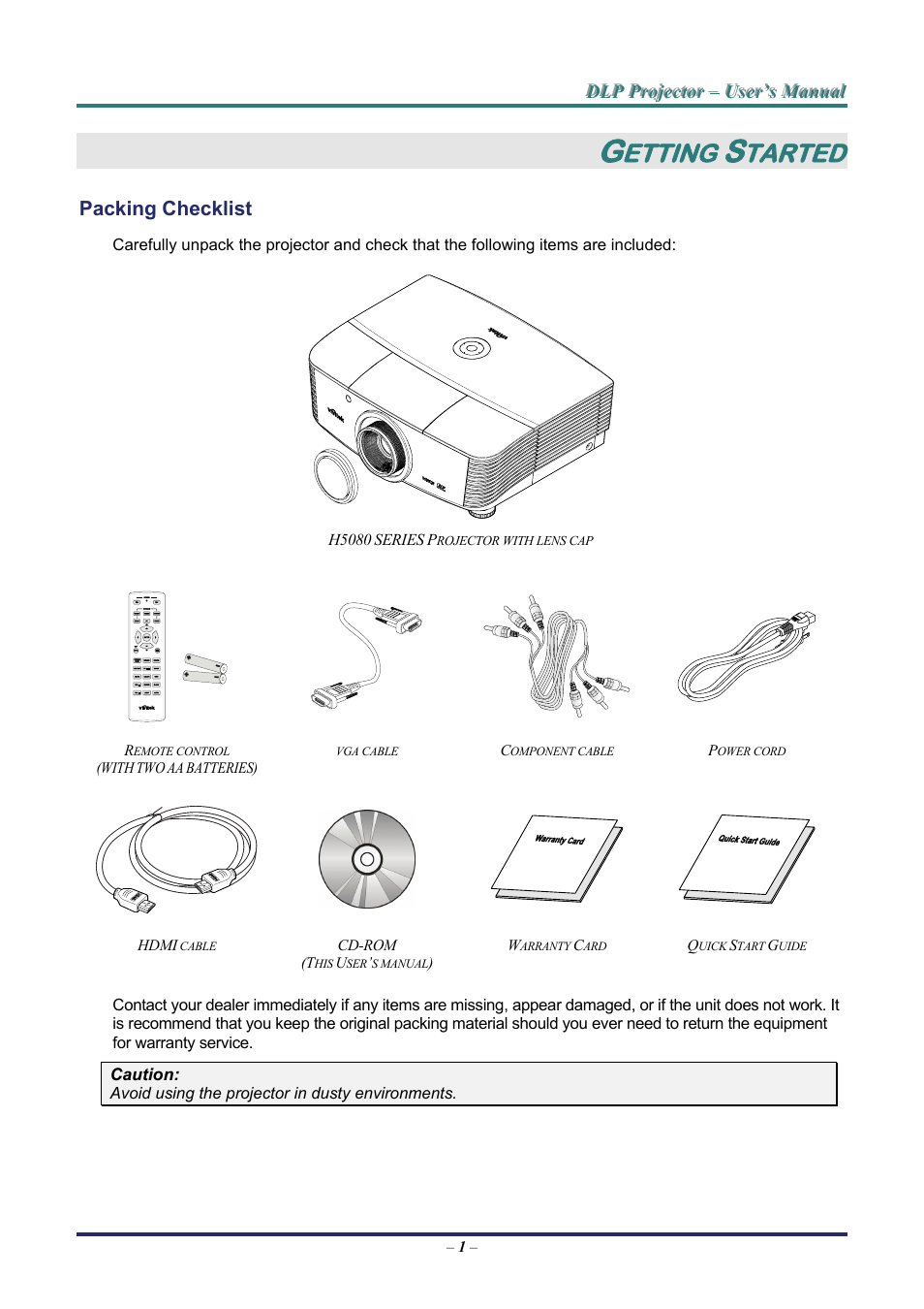 Getting started, Packing checklist, Acking | Hecklist, Etting, Tarted | Staub Electronics H5085 VIVITEK - 1080P HOME THEATRE PROJECTOR (1800 LUMENS) User Manual | Page 7 / 56