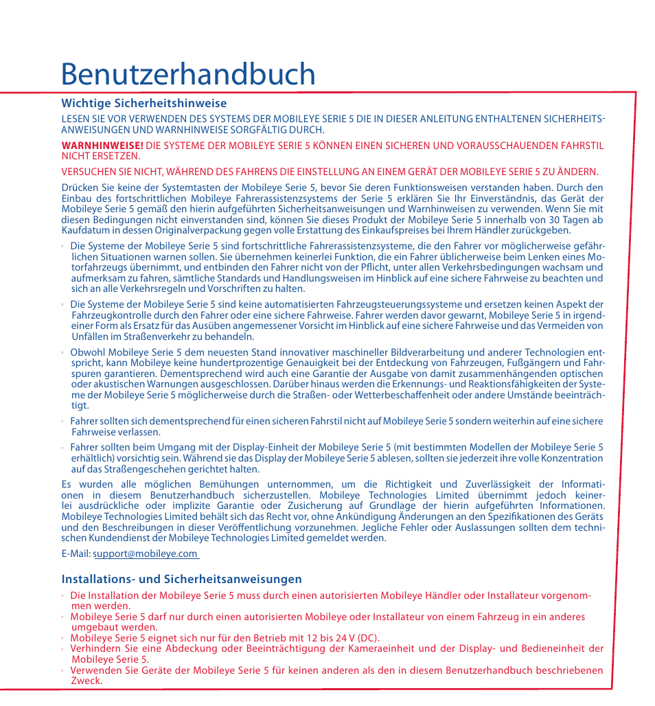 Benutzerhandbuch, Wichtige sicherheitshinweise, Installations- und sicherheitsanweisungen | Staub Electronics ME-560 MOBILEYE - IMPROVED AFTERMARKET COLLISION PREVENTION SYSTEM W_ IOS SUPPORT User Manual | Page 15 / 100