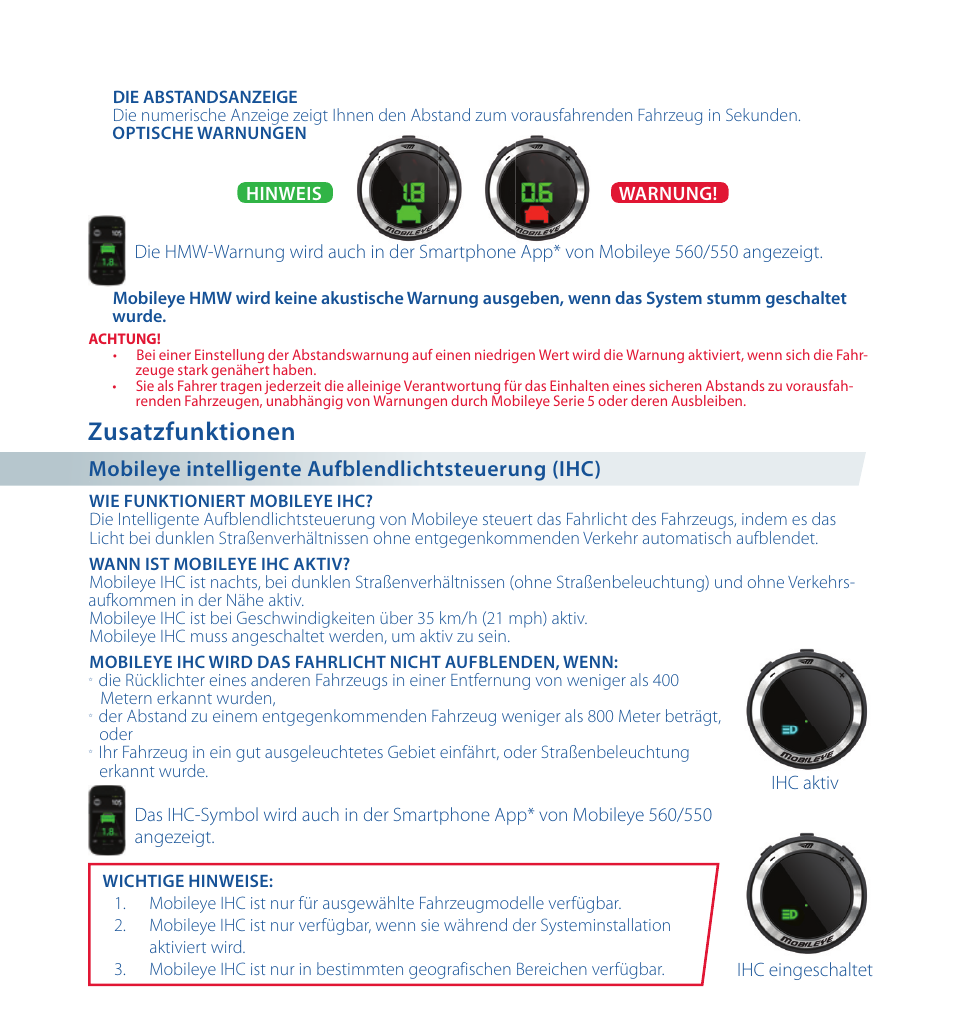Zusatzfunktionen, Mobileye intelligente aufblendlichtsteuerung (ihc) | Staub Electronics ME-560 MOBILEYE - IMPROVED AFTERMARKET COLLISION PREVENTION SYSTEM W_ IOS SUPPORT User Manual | Page 19 / 100