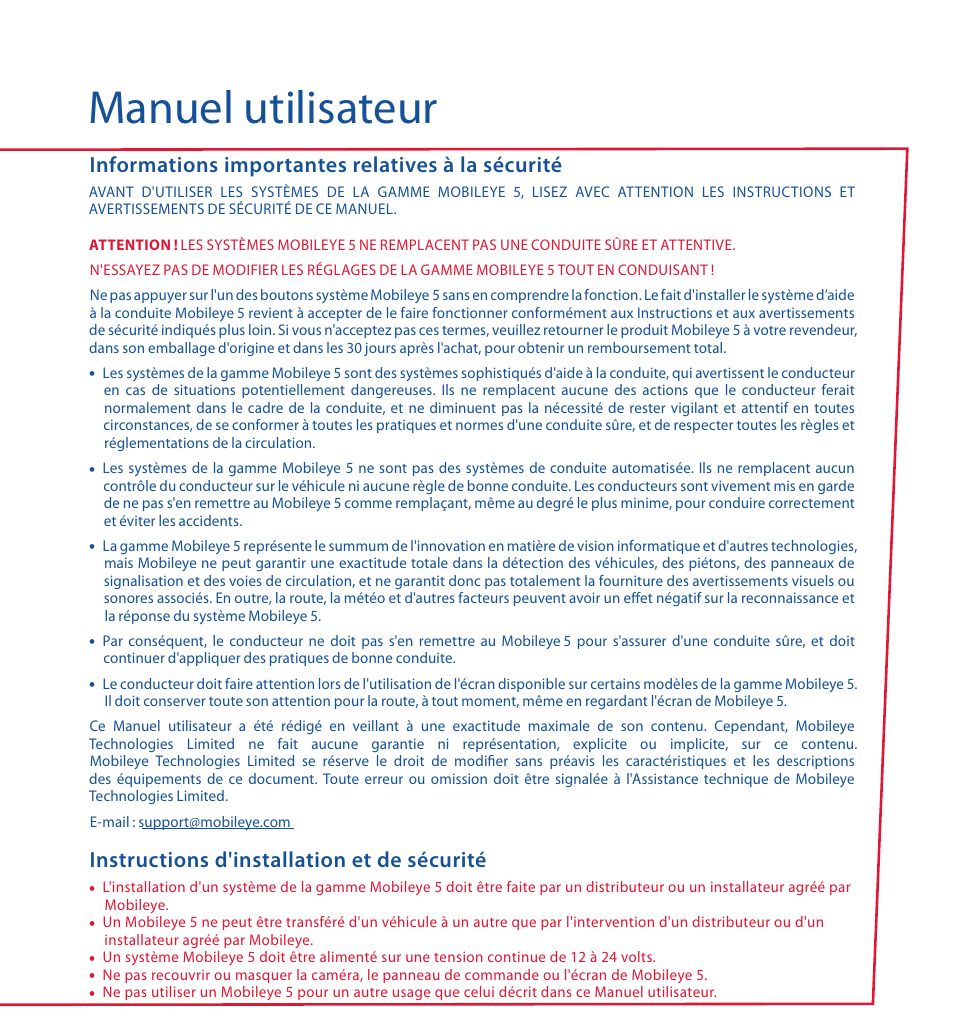 Manuel utilisateur, Informations importantes relatives à la sécurité, Instructions d'installation et de sécurité | Staub Electronics ME-560 MOBILEYE - IMPROVED AFTERMARKET COLLISION PREVENTION SYSTEM W_ IOS SUPPORT User Manual | Page 27 / 100