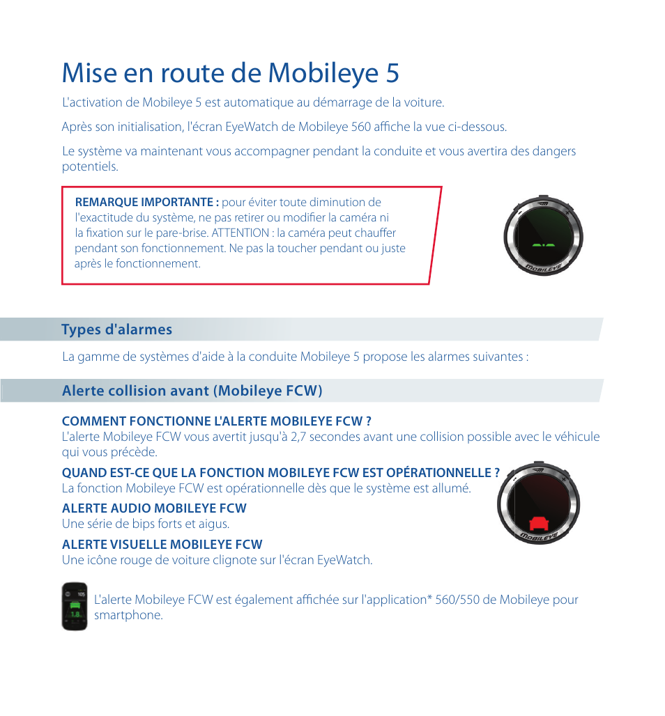 Mise en route de mobileye 5 | Staub Electronics ME-560 MOBILEYE - IMPROVED AFTERMARKET COLLISION PREVENTION SYSTEM W_ IOS SUPPORT User Manual | Page 28 / 100