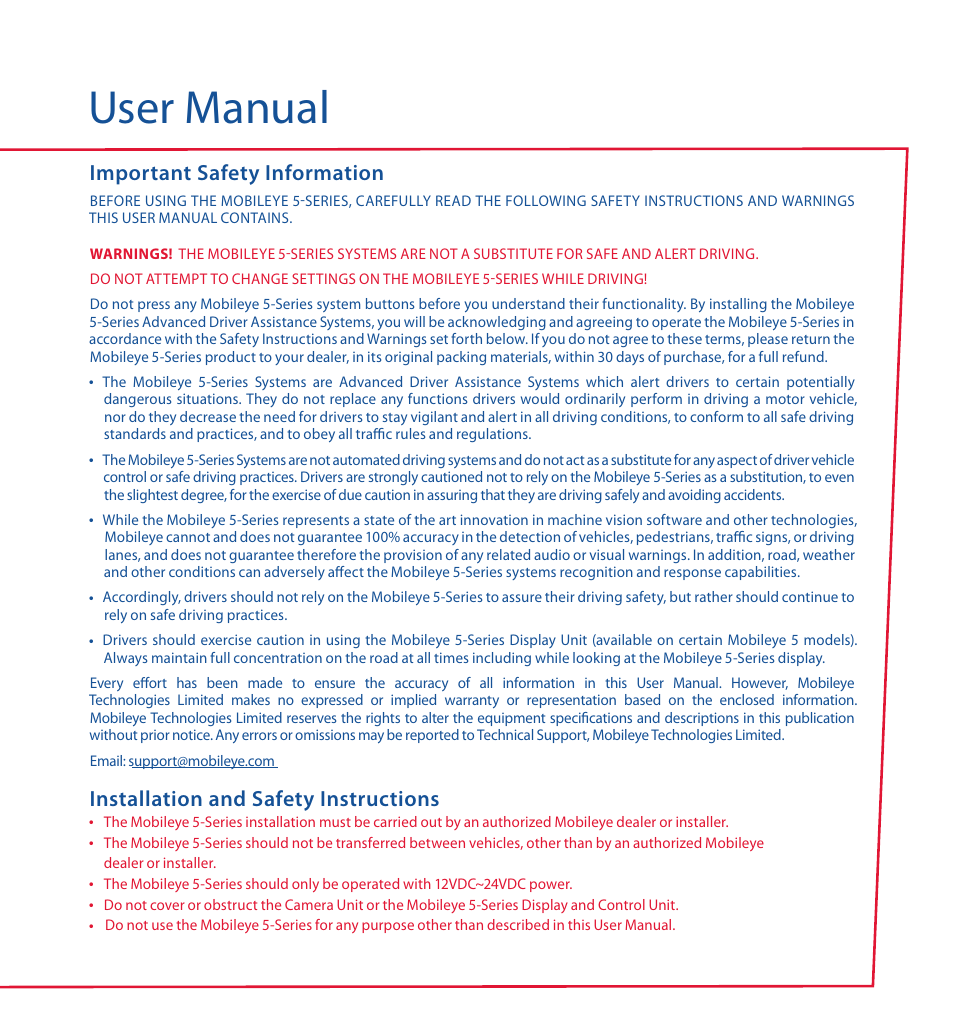 User manual, Important safety information, Installation and safety instructions | Staub Electronics ME-560 MOBILEYE - IMPROVED AFTERMARKET COLLISION PREVENTION SYSTEM W_ IOS SUPPORT User Manual | Page 3 / 100