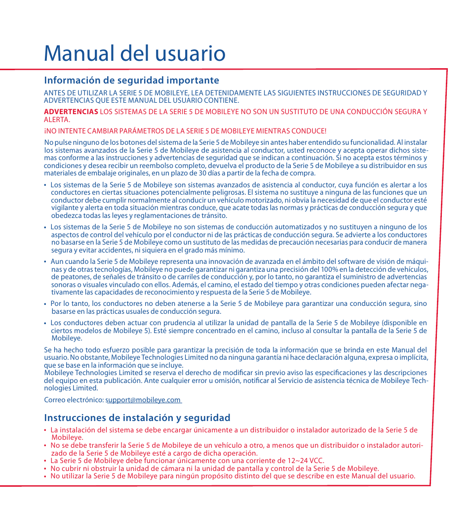 Manual del usuario, Información de seguridad importante, Instrucciones de instalación y seguridad | Staub Electronics ME-560 MOBILEYE - IMPROVED AFTERMARKET COLLISION PREVENTION SYSTEM W_ IOS SUPPORT User Manual | Page 51 / 100