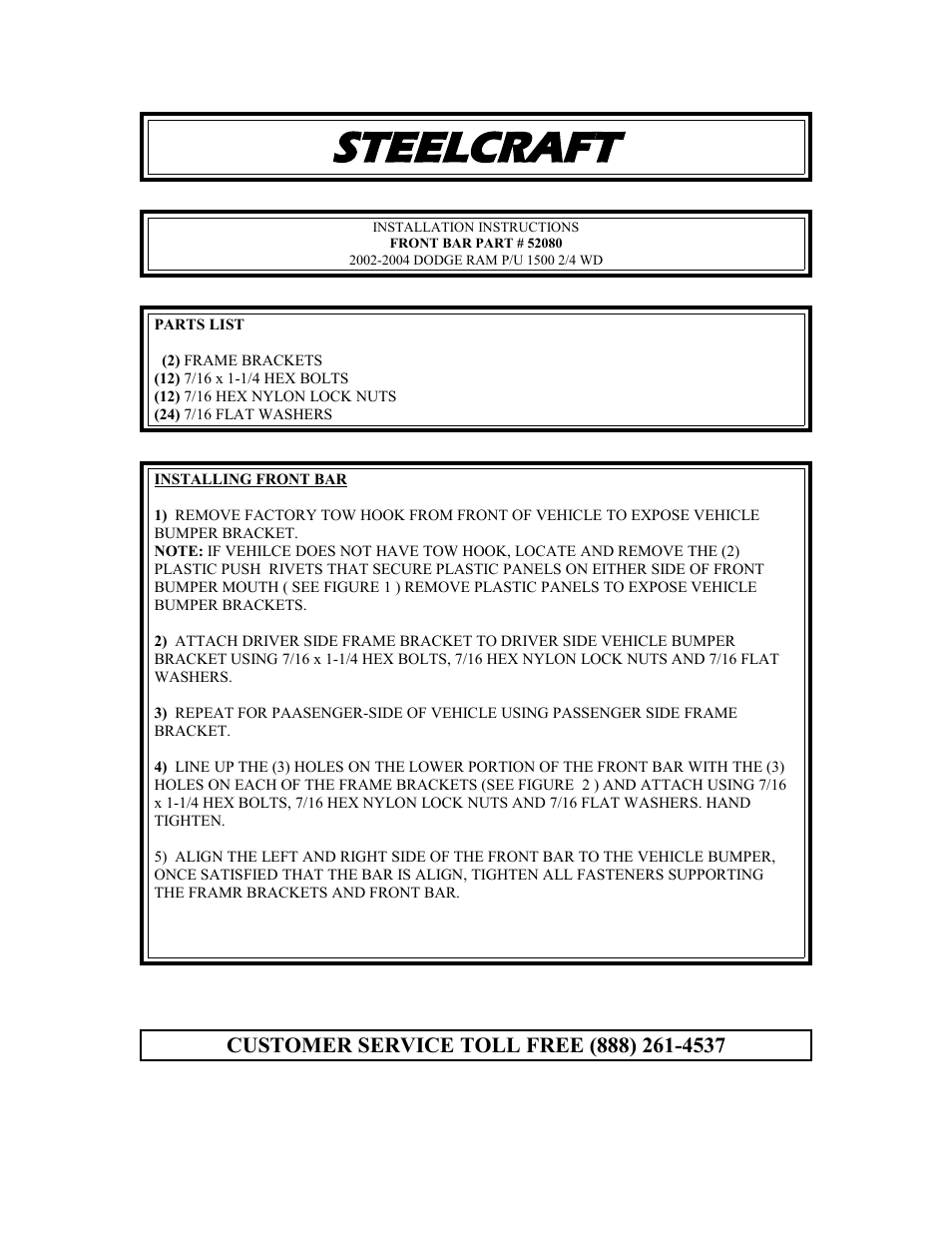 Steelcraft Automotive 52080 GRILL GUARD User Manual | 1 page