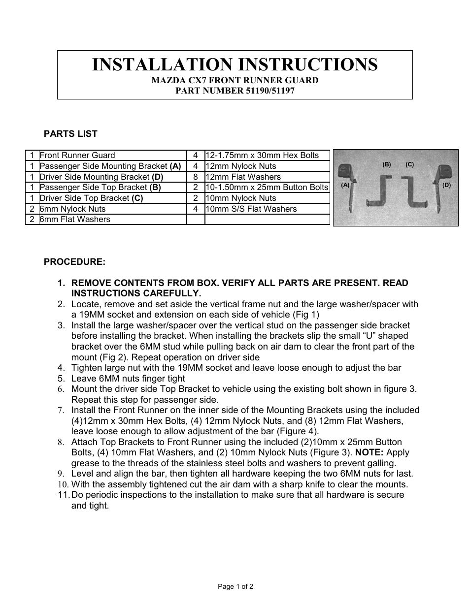 Steelcraft Automotive 51190 FRONT RUNNER GUARD User Manual | 2 pages