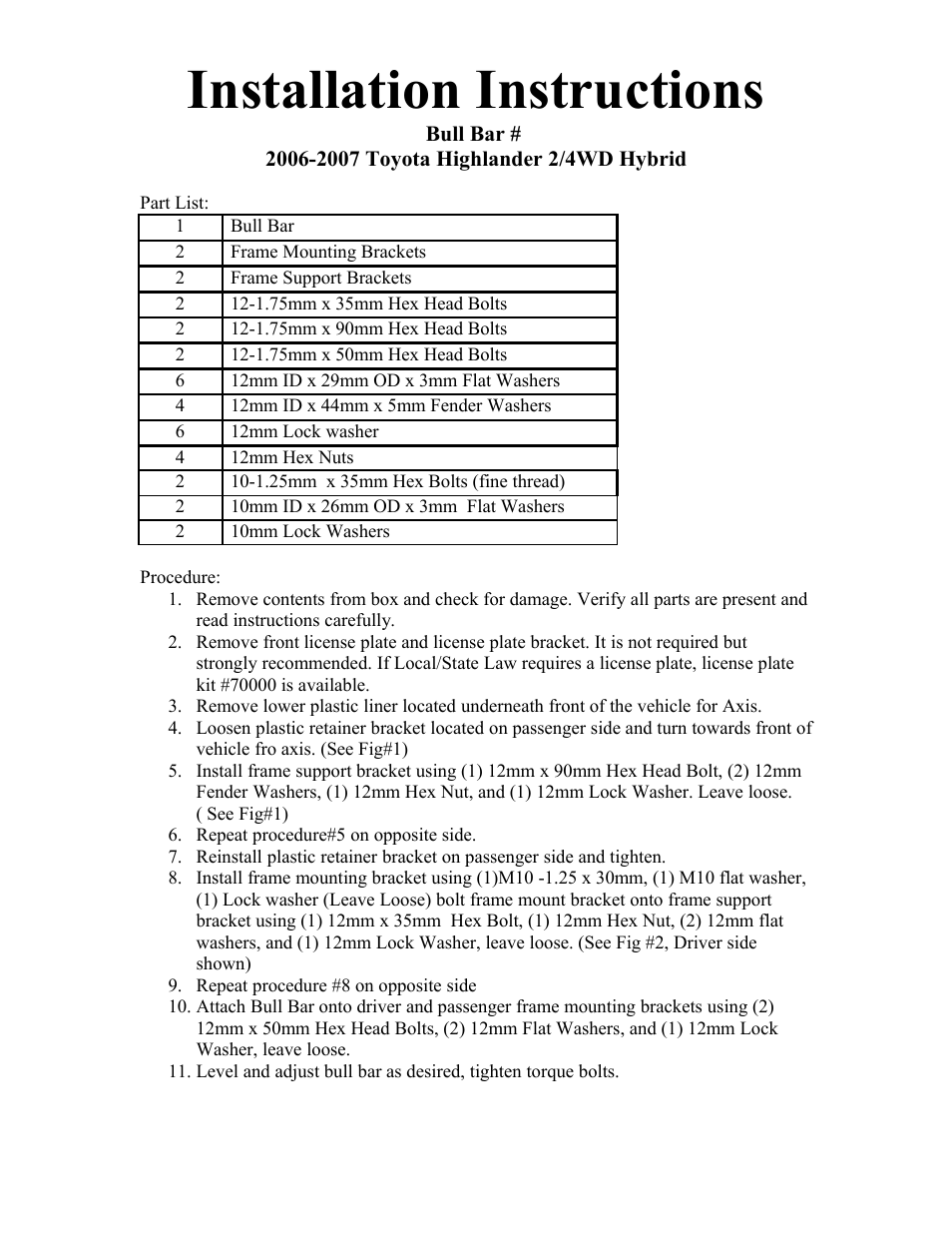 Steelcraft Automotive 73260 BULL BAR User Manual | 2 pages