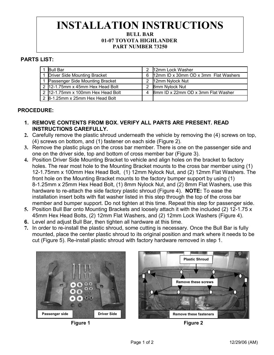 Steelcraft Automotive 73250 BULL BAR User Manual | 2 pages