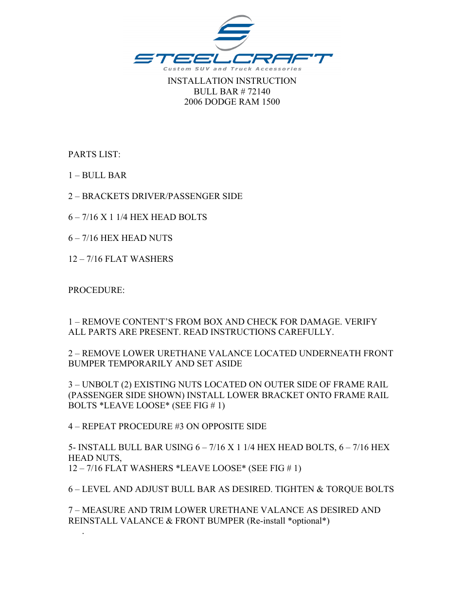 Steelcraft Automotive 72140 BULL BAR User Manual | 2 pages