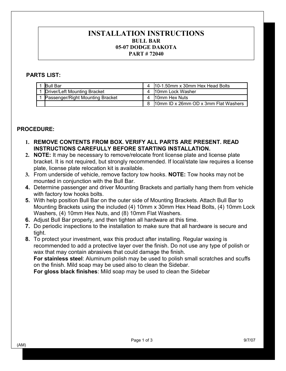 Steelcraft Automotive 72040 BULL BAR User Manual | 3 pages