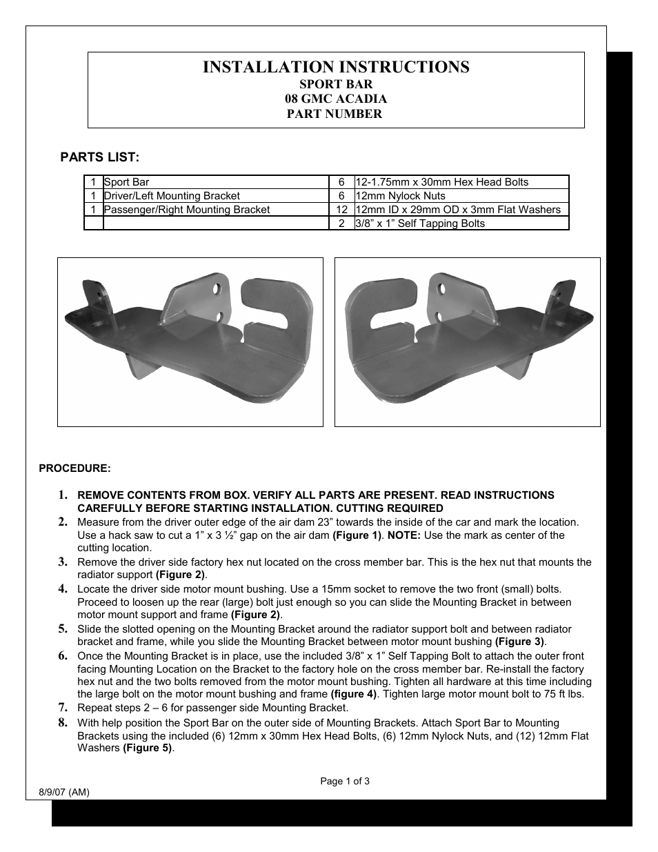 Steelcraft Automotive 70380 SPORT BAR User Manual | 3 pages