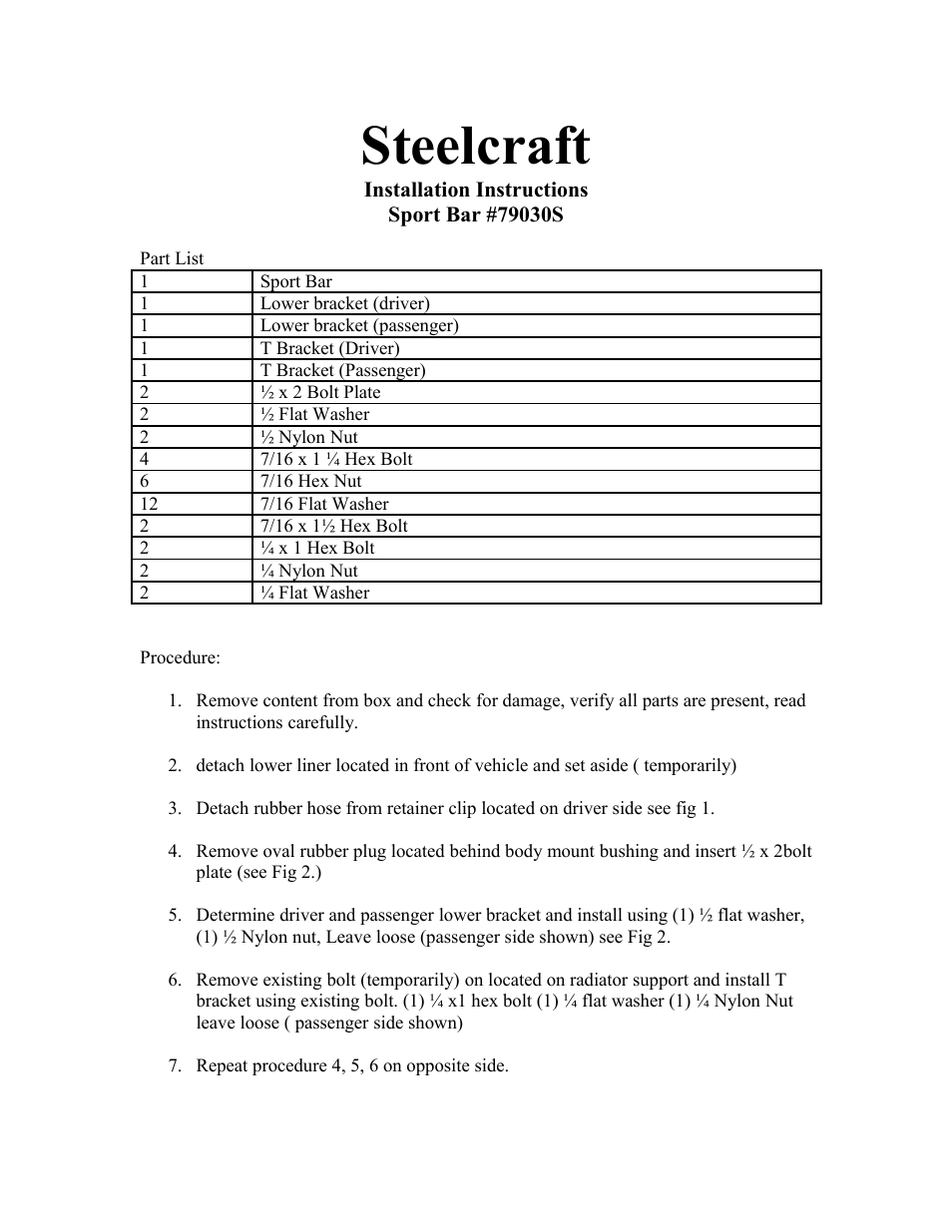 Steelcraft Automotive 79030 SPORT BAR User Manual | 2 pages