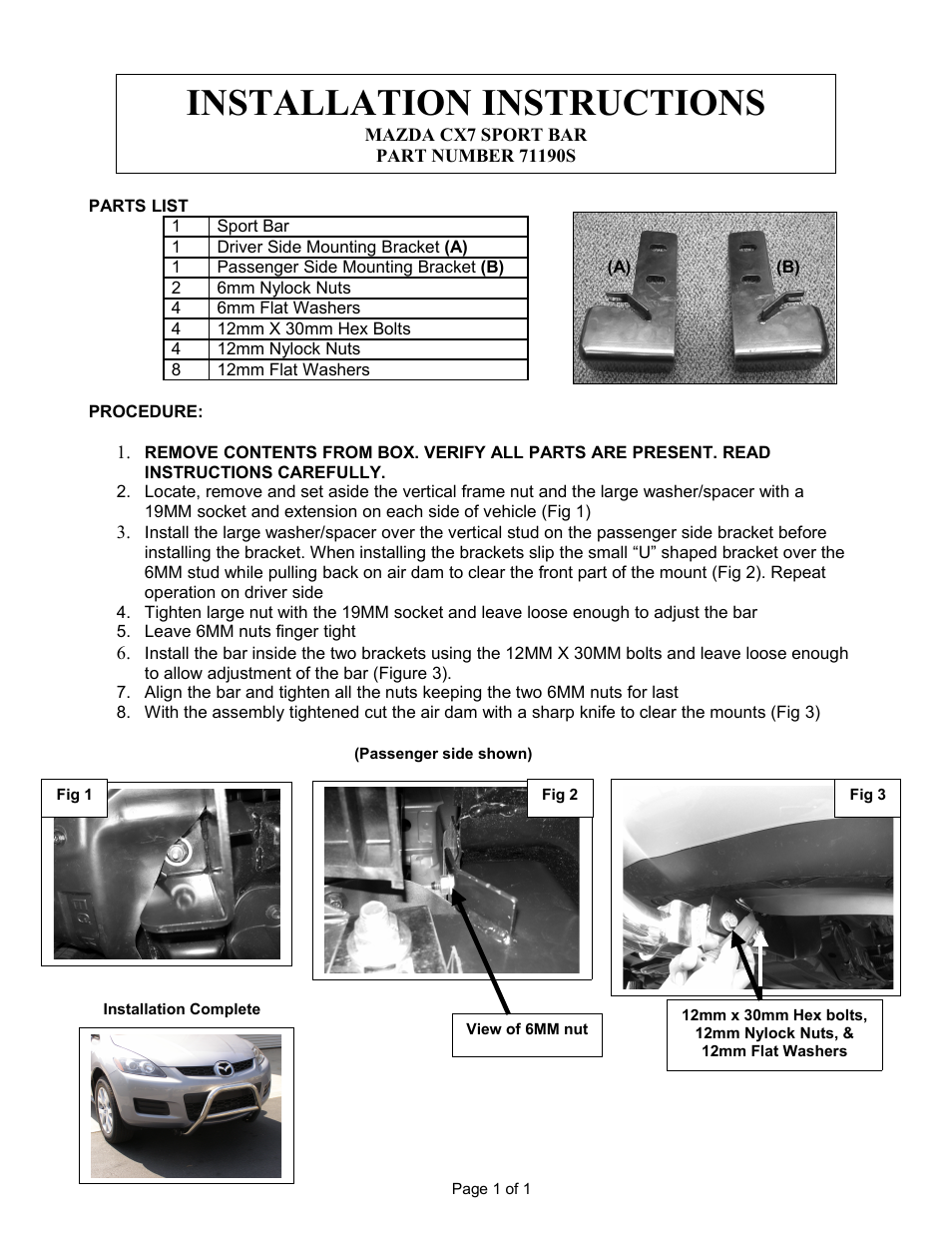 Steelcraft Automotive 71190 SPORT BAR User Manual | 1 page