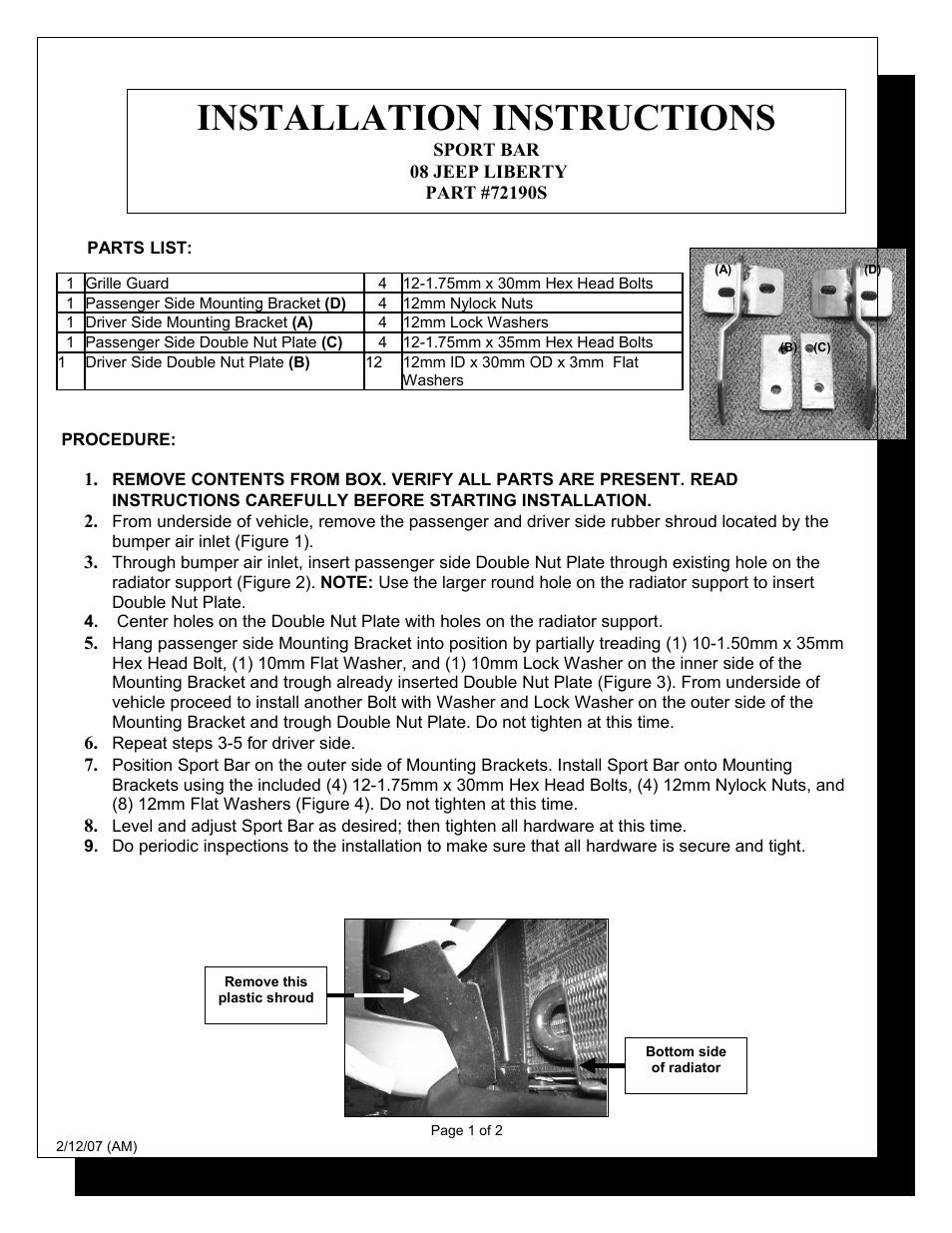 Steelcraft Automotive 72190 SPORT BAR User Manual | 2 pages