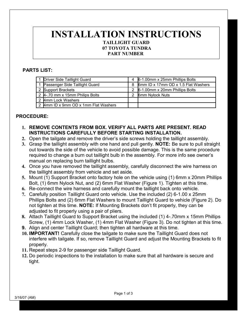 Steelcraft Automotive 33310 TAILLIGHT GUARD User Manual | 3 pages