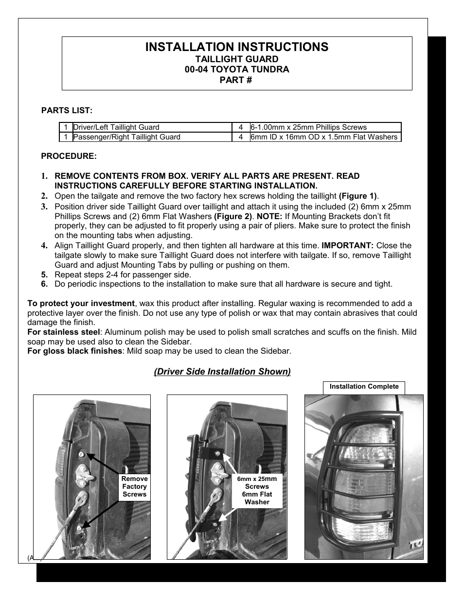 Steelcraft Automotive 33020 TAILLIGHT GUARD User Manual | 2 pages