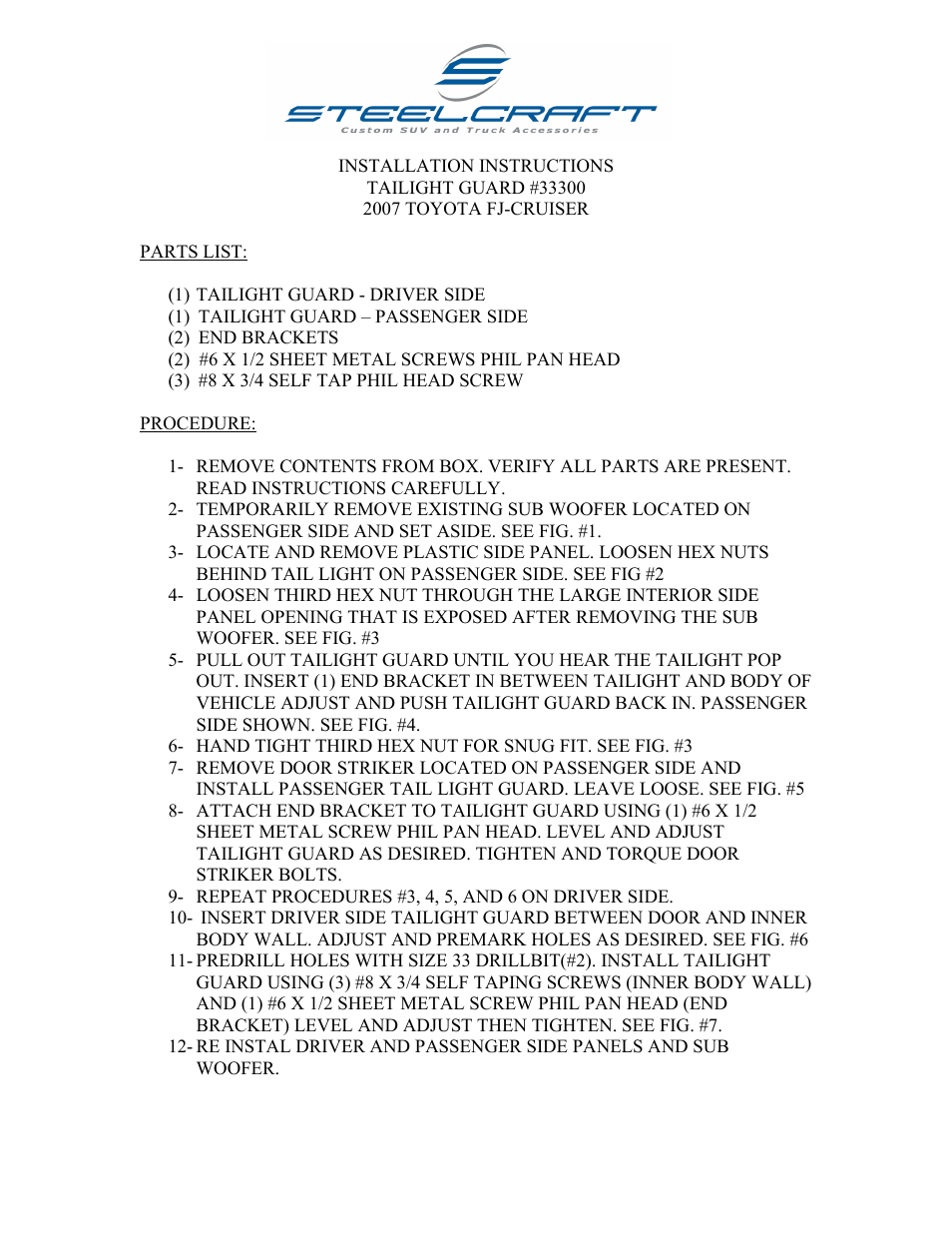 Steelcraft Automotive 33300 TAILLIGHT GUARD User Manual | 2 pages