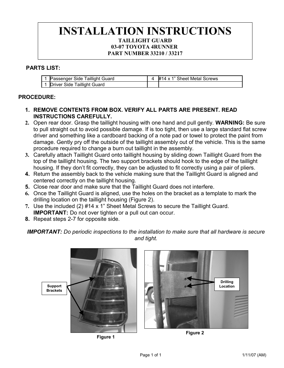 Steelcraft Automotive 33210 TAILLIGHT GUARD User Manual | 1 page