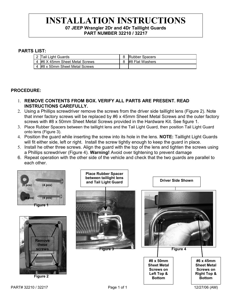 Steelcraft Automotive 32210 TAILLIGHT GUARD User Manual | 1 page