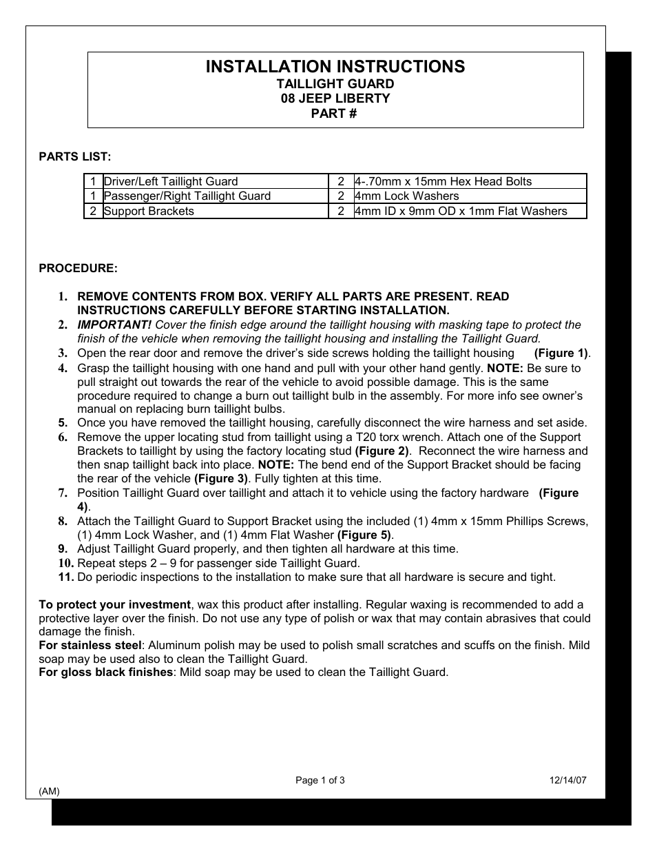 Steelcraft Automotive 32170 TAILLIGHT GUARD User Manual | 3 pages