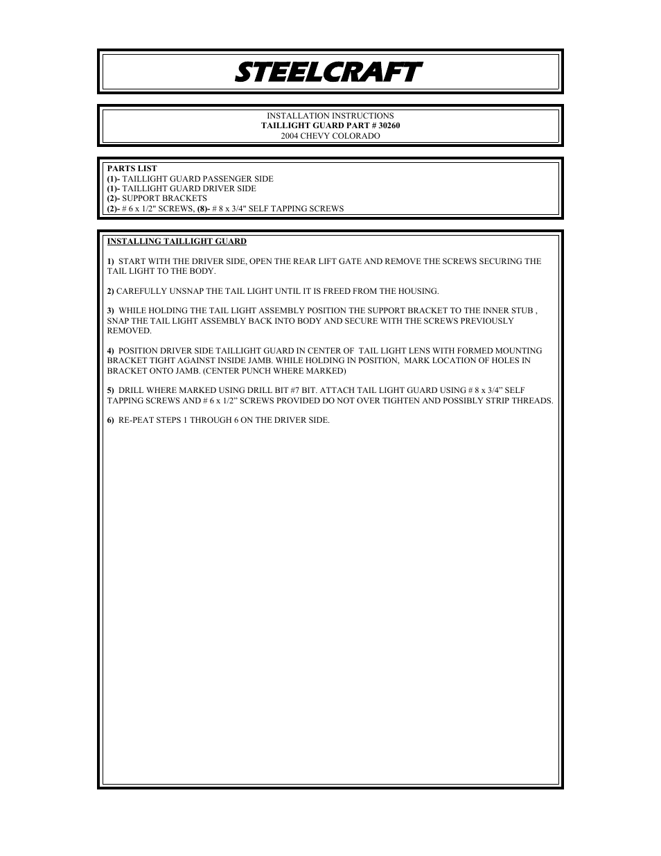 Steelcraft Automotive 30260 TAILLIGHT GUARD User Manual | 2 pages