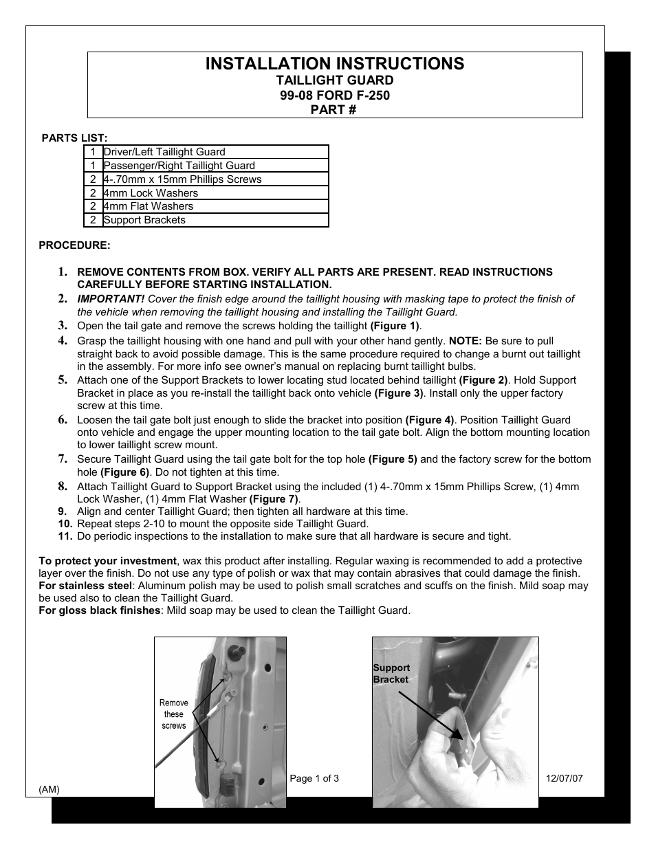 Steelcraft Automotive 31020 TAILLIGHT GUARD User Manual | 3 pages