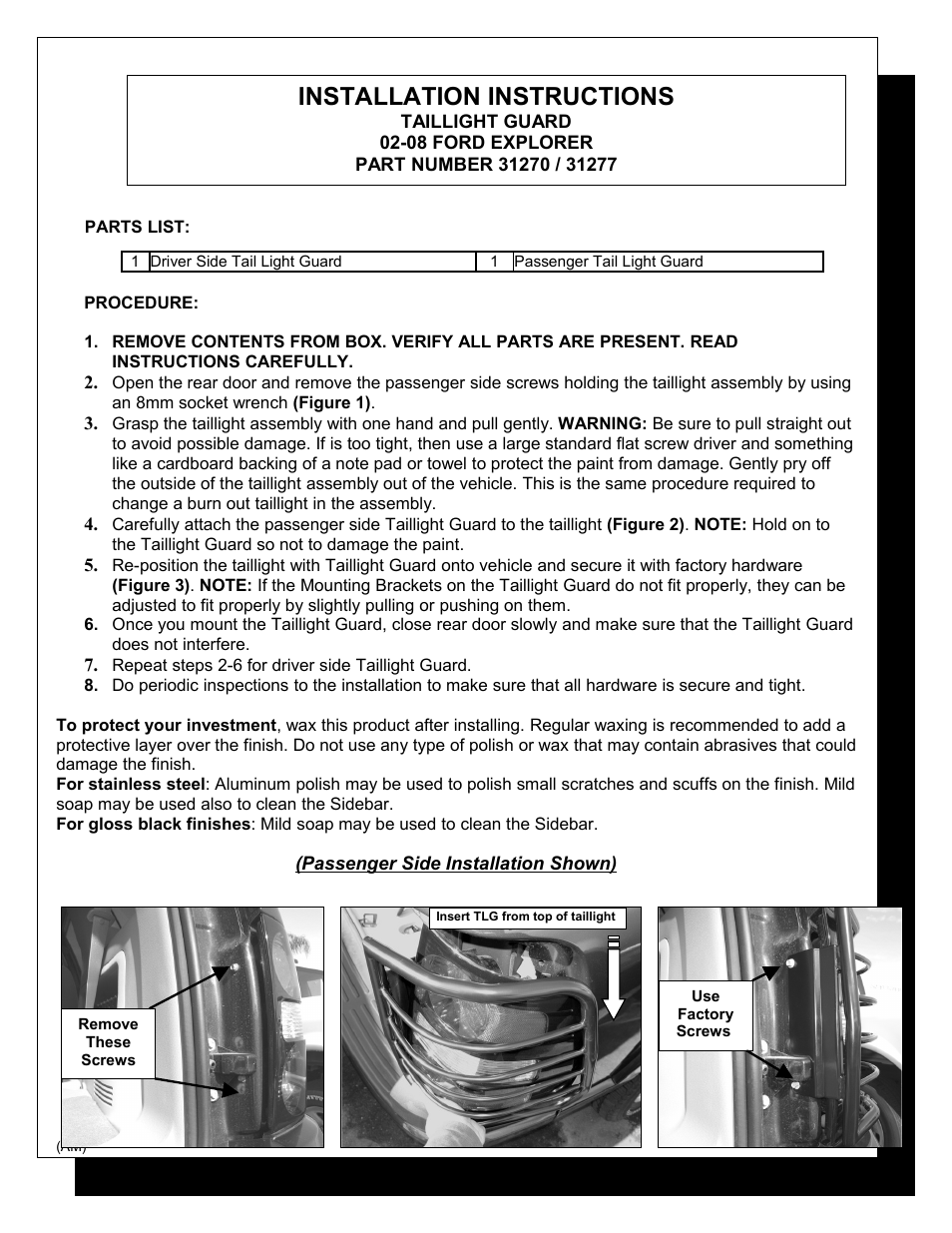 Steelcraft Automotive 31270 TAILLIGHT GUARD User Manual | 2 pages