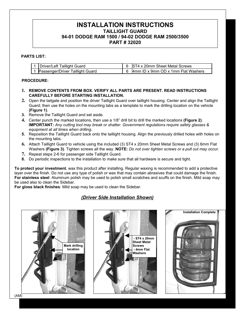 Steelcraft Automotive 32020 TAILLIGHT GUARD User Manual | 2 pages