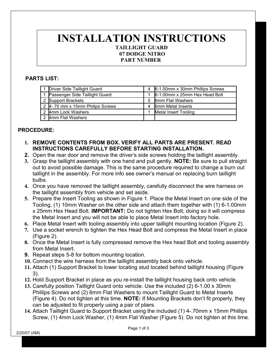 Steelcraft Automotive 32190 TAILLIGHT GUARD User Manual | 3 pages