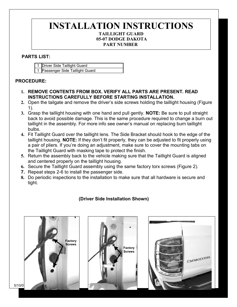 Steelcraft Automotive 32120 TAILLIGHT GUARD User Manual | 2 pages