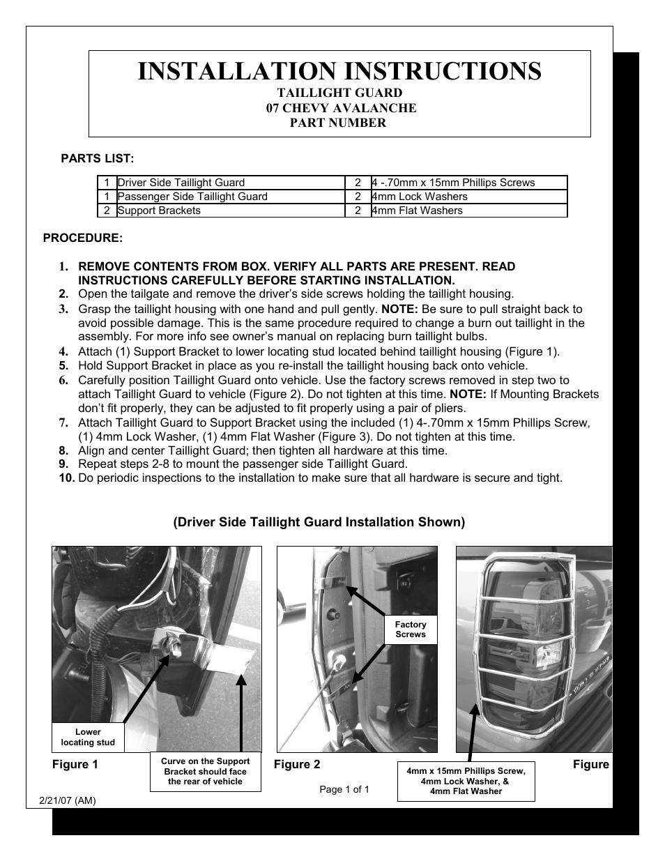 Steelcraft Automotive 30300 TAILLIGHT GUARD User Manual | 2 pages