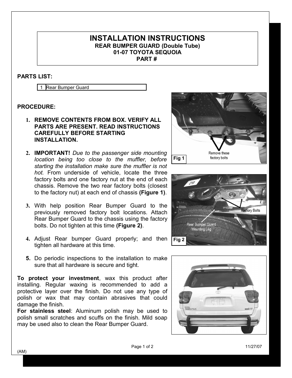 Steelcraft Automotive 83080 REAR BUMPER GUARD User Manual | 2 pages