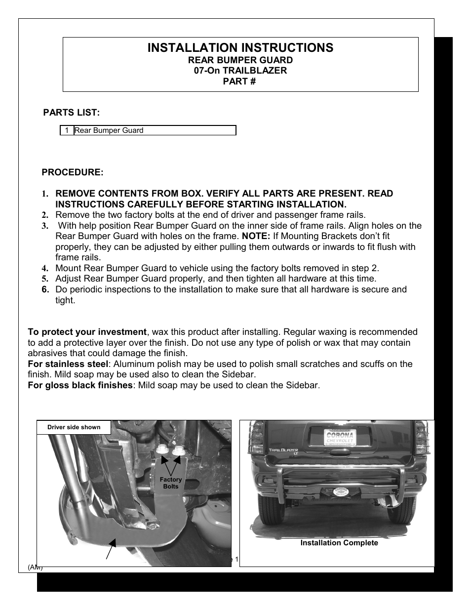 Steelcraft Automotive 80130 REAR BUMPER GUARD User Manual | 2 pages