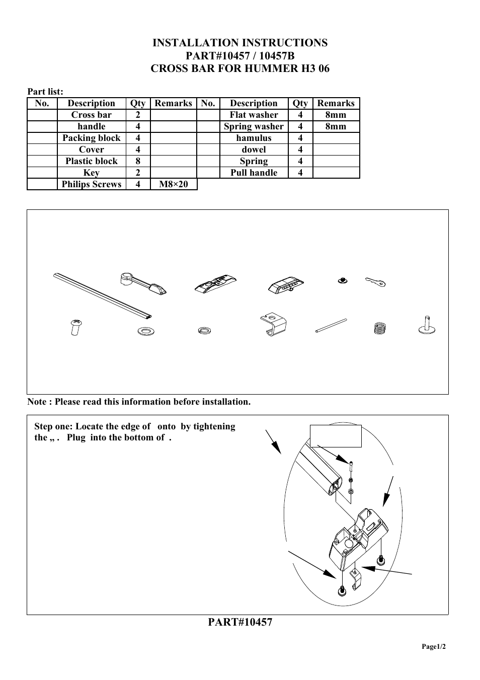 Steelcraft Automotive 10457 CROSS BAR FOR HUMMER H3 06 User Manual | 2 pages