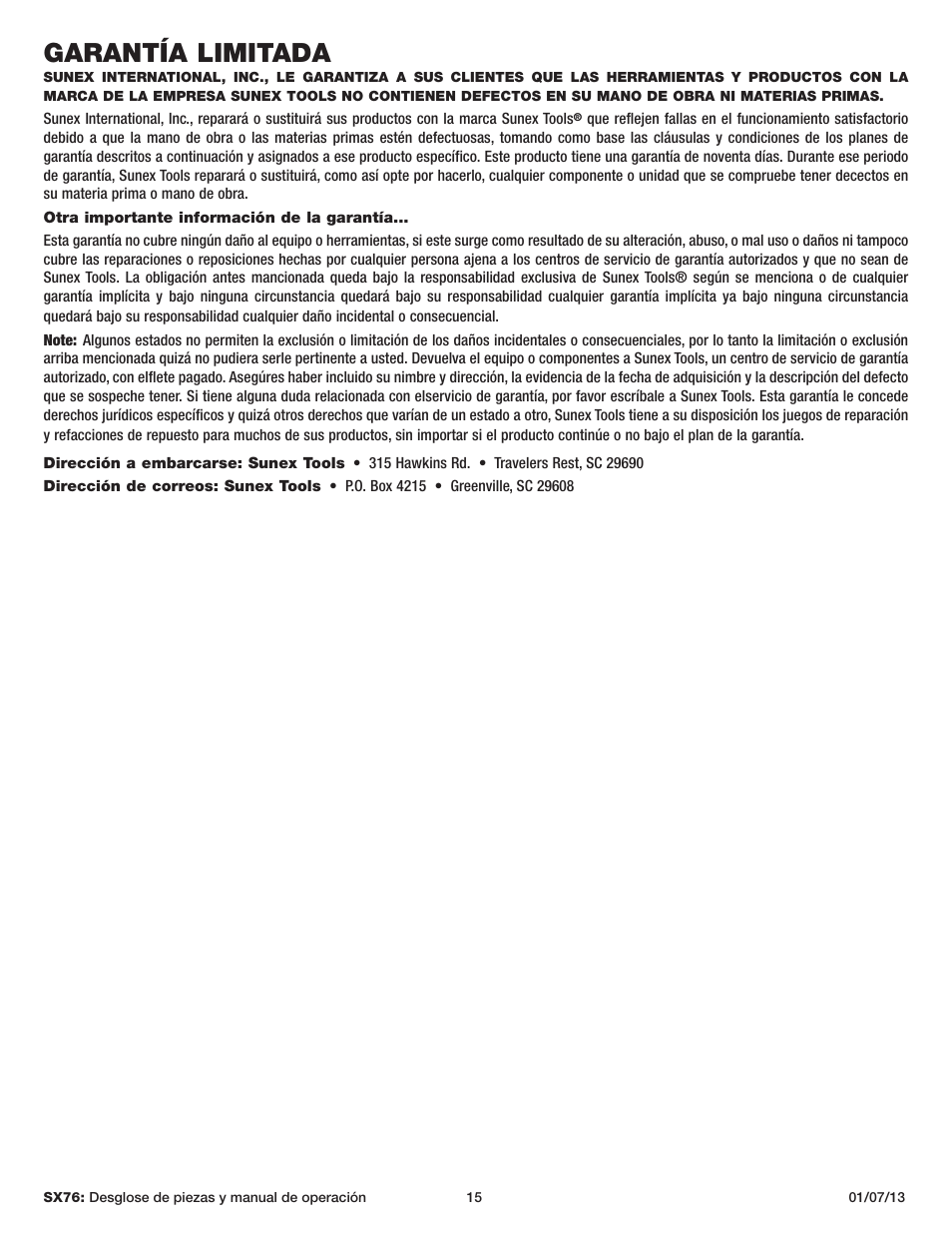 Garantía limitada | Sunex Tools SX76 User Manual | Page 15 / 22