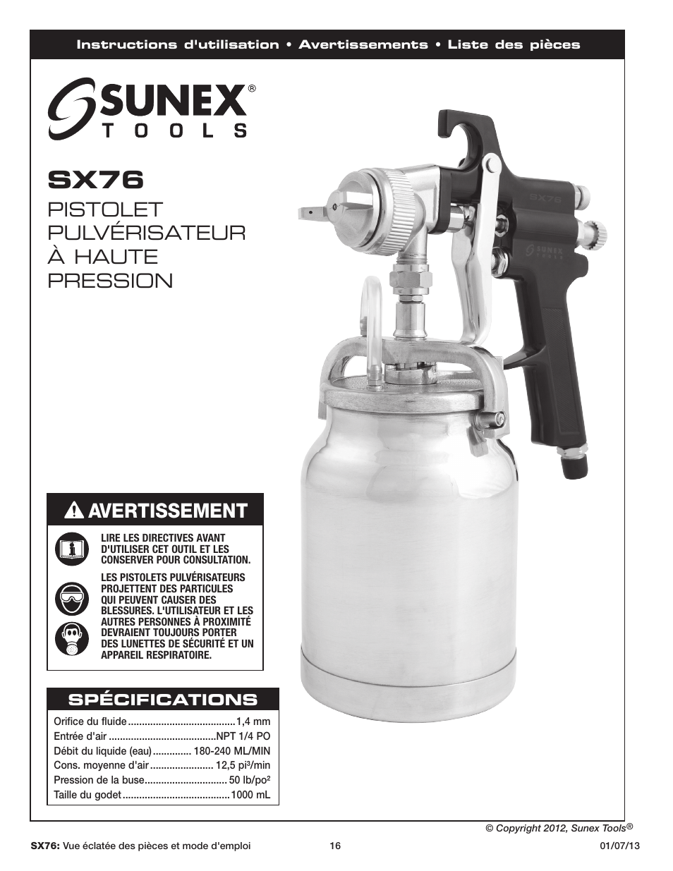 Sx76, Pistolet pulvérisateur à haute pression, Avertissement | Sunex Tools SX76 User Manual | Page 16 / 22