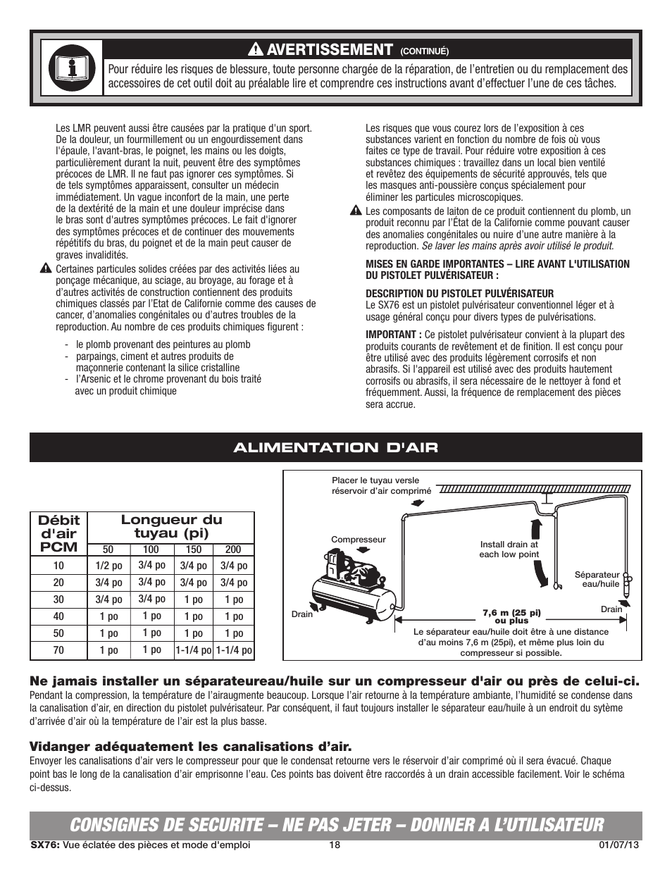 Avertissement | Sunex Tools SX76 User Manual | Page 18 / 22