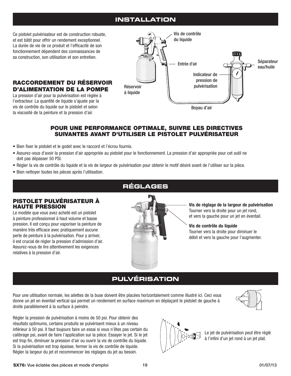 Installation, Pistolet pulvérisateur à haute pression, Réglages pulvérisation | Sunex Tools SX76 User Manual | Page 19 / 22