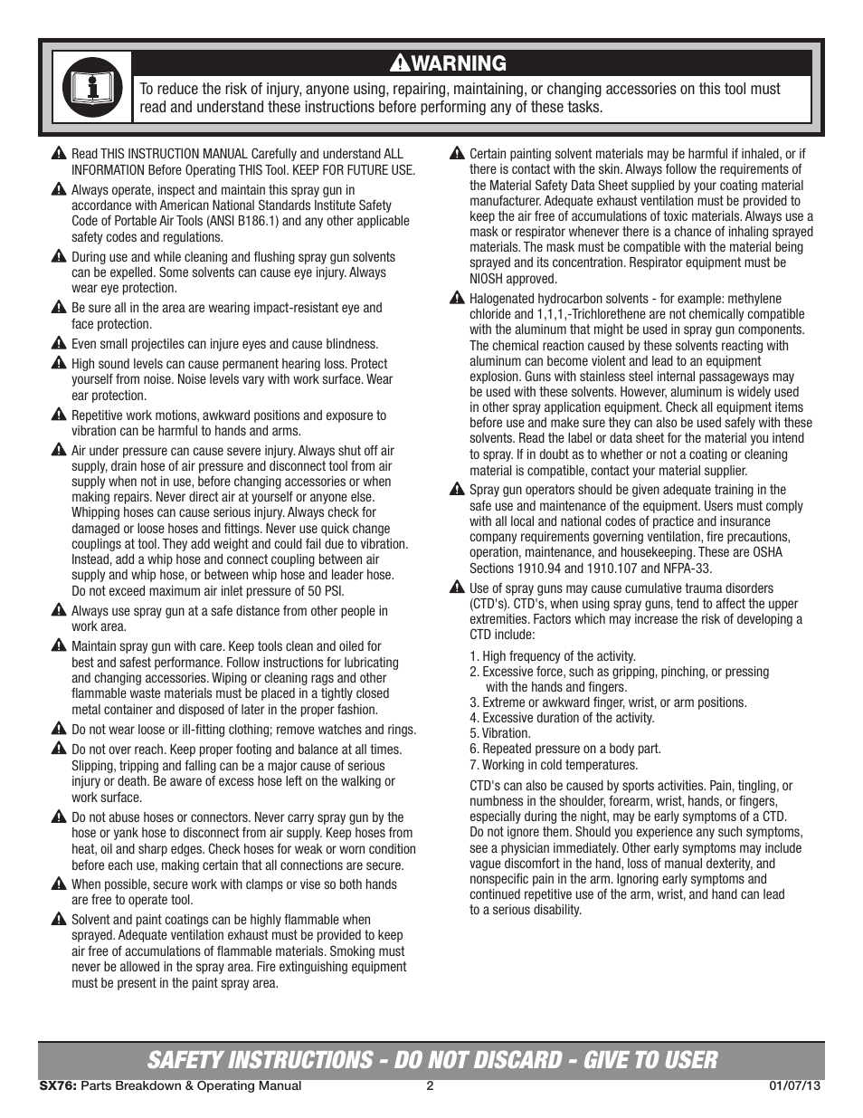 Warning | Sunex Tools SX76 User Manual | Page 2 / 22